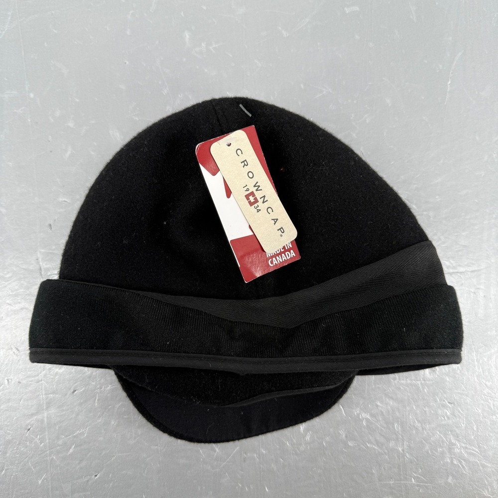 Crown Cap Black Wool Earflap Winter Hat Made in Canada Quilted Lining Size 6 1/4